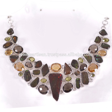 Natural Ammolite And Multi Gemstone 925 Sterling Silver Necklace